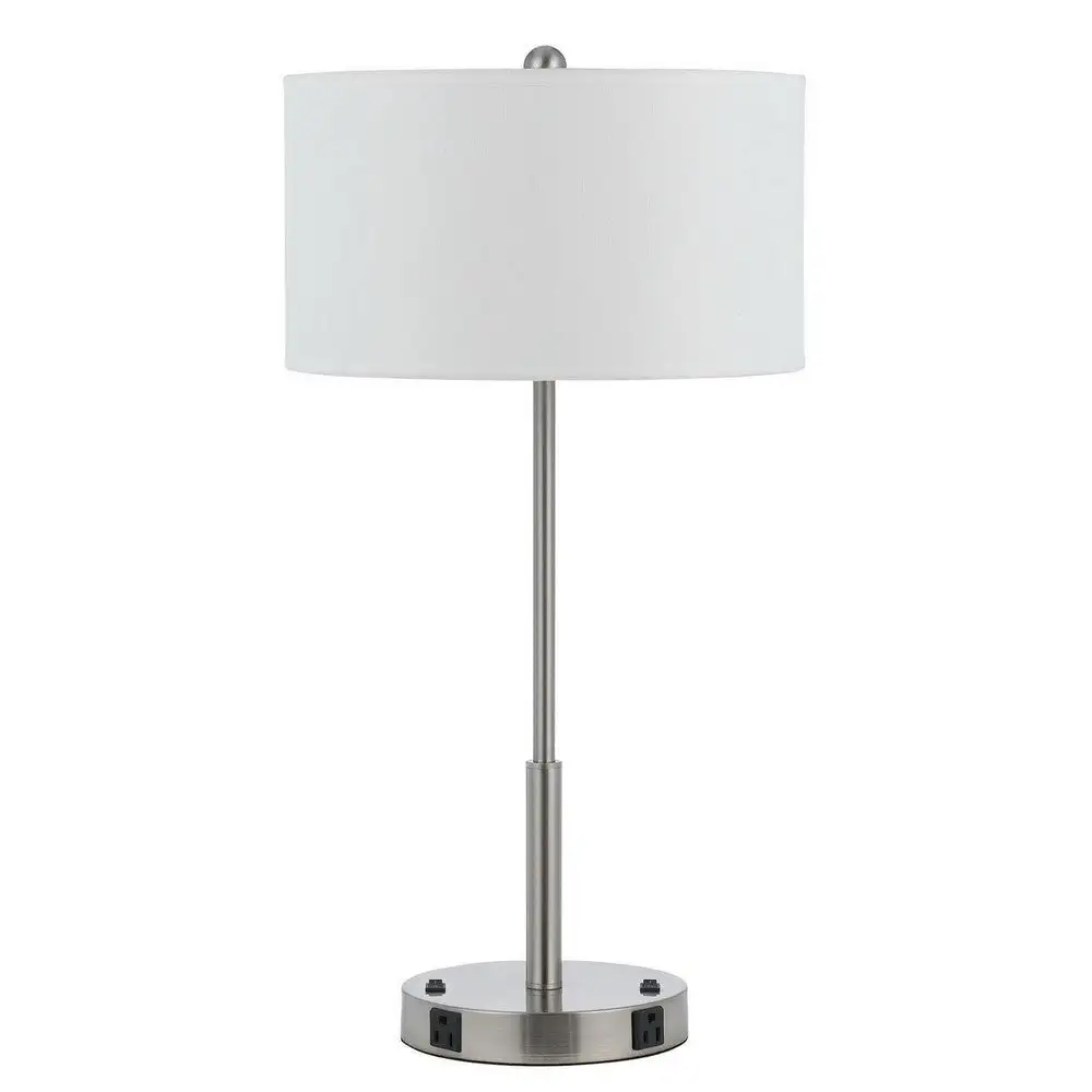 27 Inch Modern Table Lamp with Round Drum Shade， 2 Outlets， White， Chrome - 14L x 14W x 27H， in inches