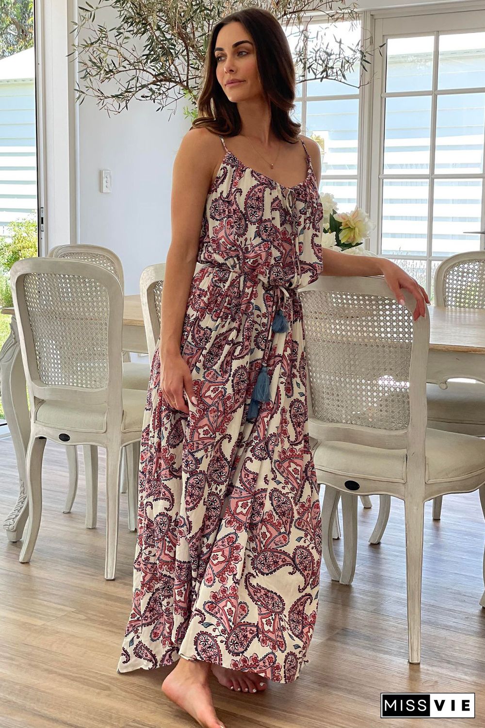 White Boho Paisley Print Spaghetti Straps Maxi Dress