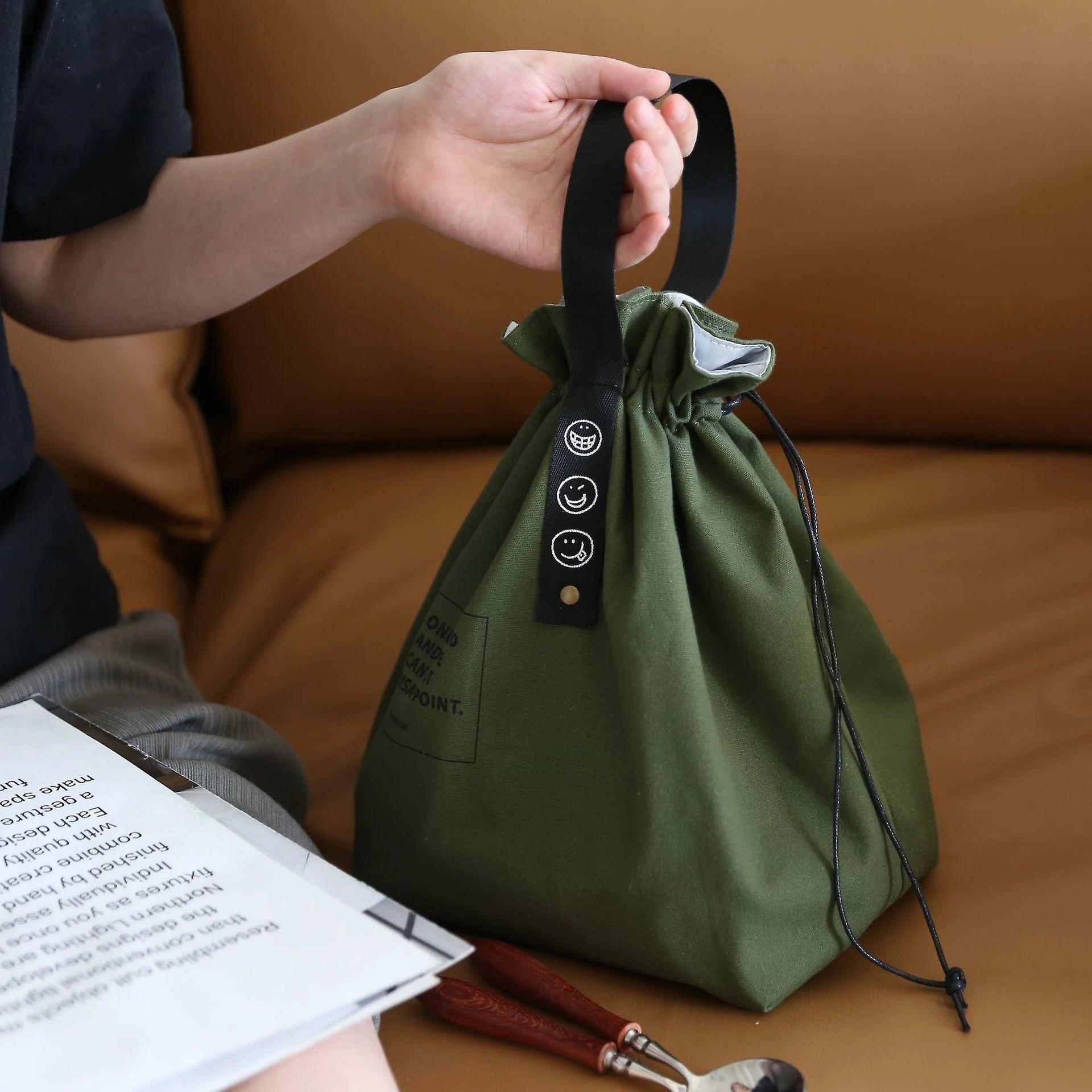 Insulated Bento Bag Wide Opening Canvas Drawstring Lunch Box Storage Bag School Handbag For Picnic Camping