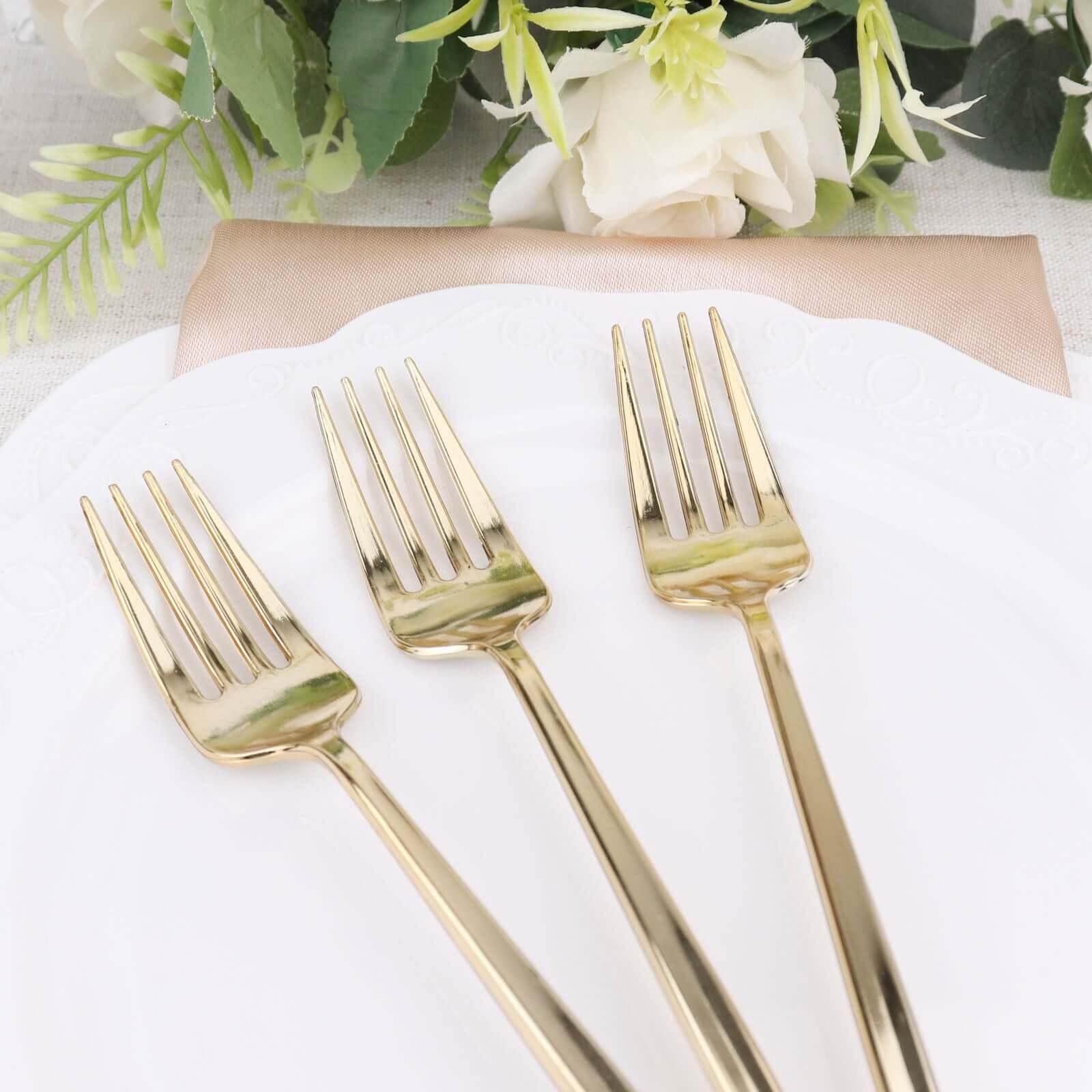 24 Pack Glossy Gold Heavy Duty Plastic Silverware Forks Cutlery, Premium Disposable Sleek Flatware 8