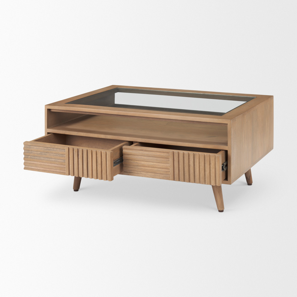 Sable Light Brown Solid Wood w/ Glass Top Coffee Table   Midcentury   Coffee Tables   by Mercana  Houzz