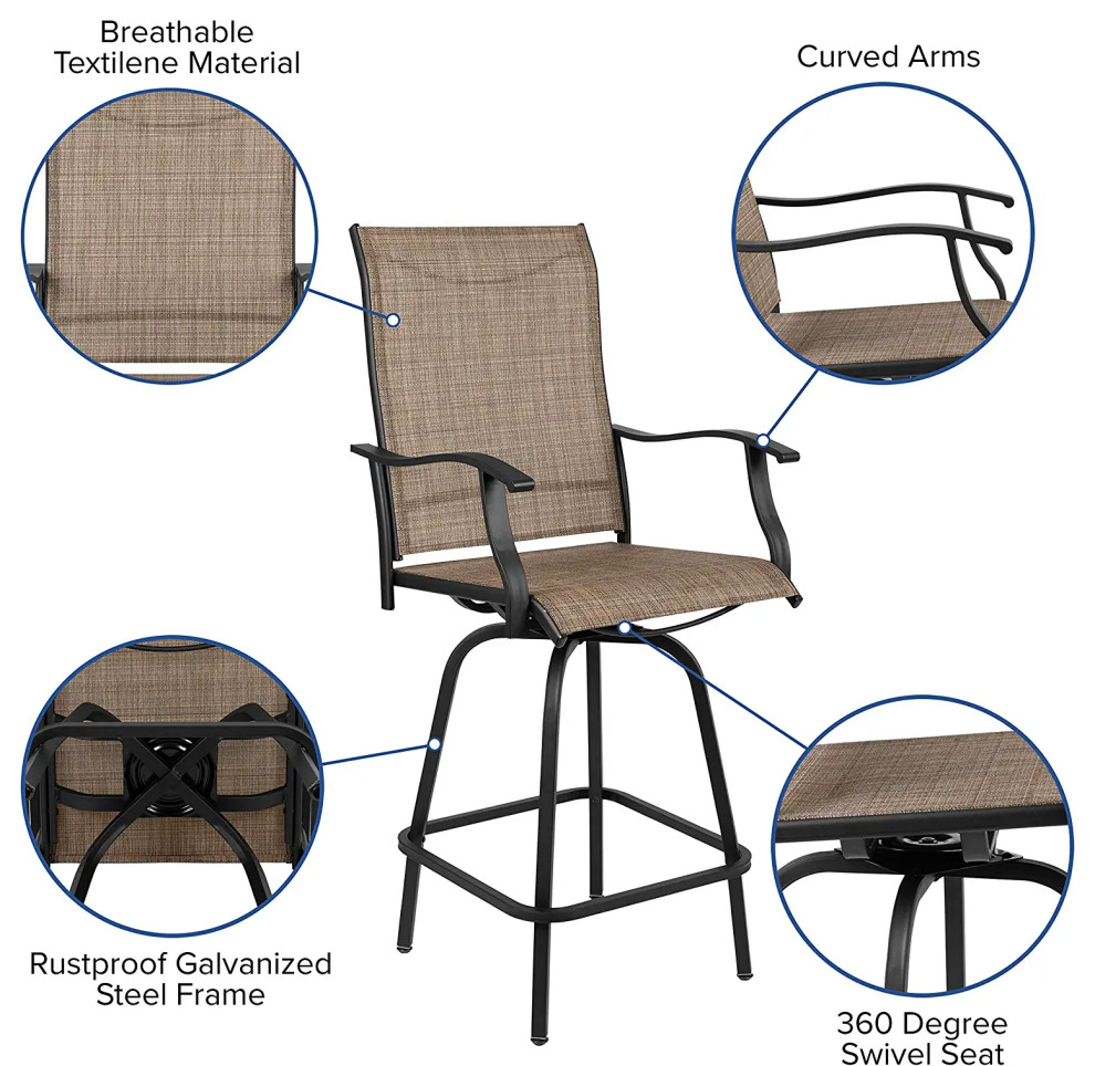 Set of 2 Outdoor Bar Stool  Swiveling Sling Fabric Seat With Curved Arms   Transitional   Outdoor Bar Stools And Counter Stools   by Decor Love  Houzz