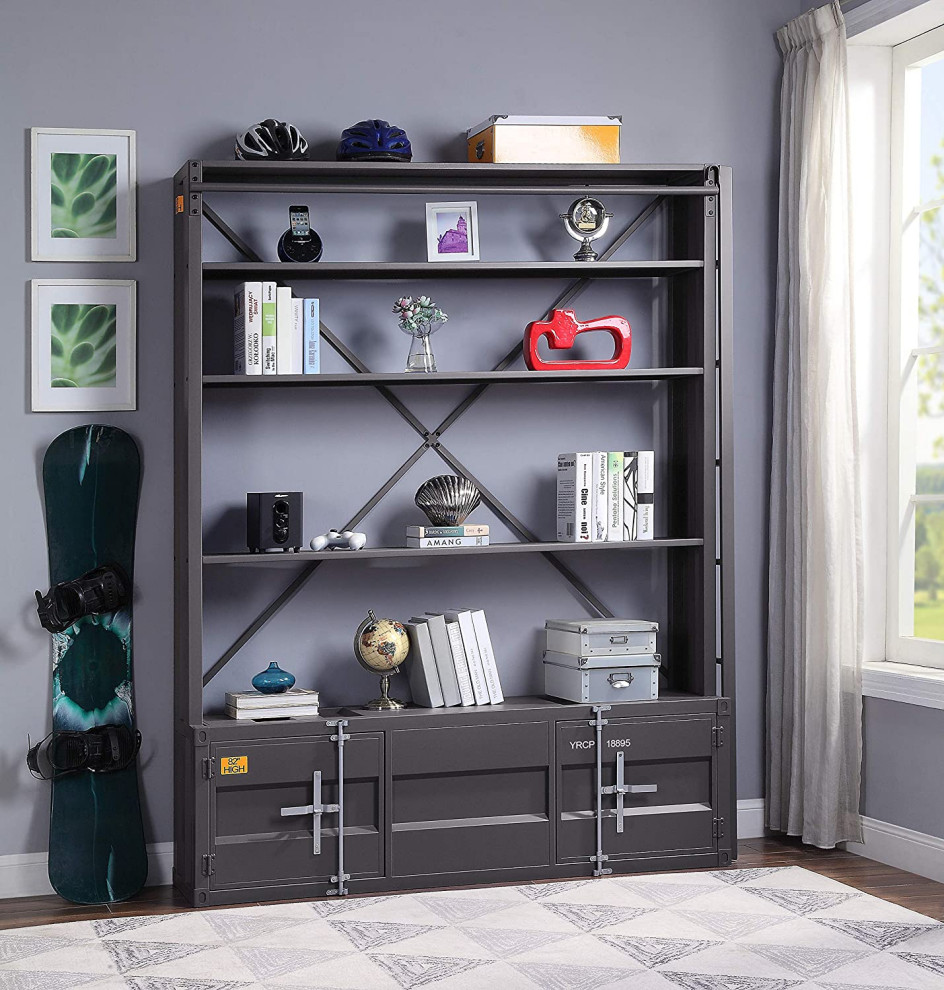 Bookcase  Cargo Design With 4 Open Shelves  ampRemovable Ladder  Gunmetal Finish   Industrial   Bookcases   by Declusia  Houzz