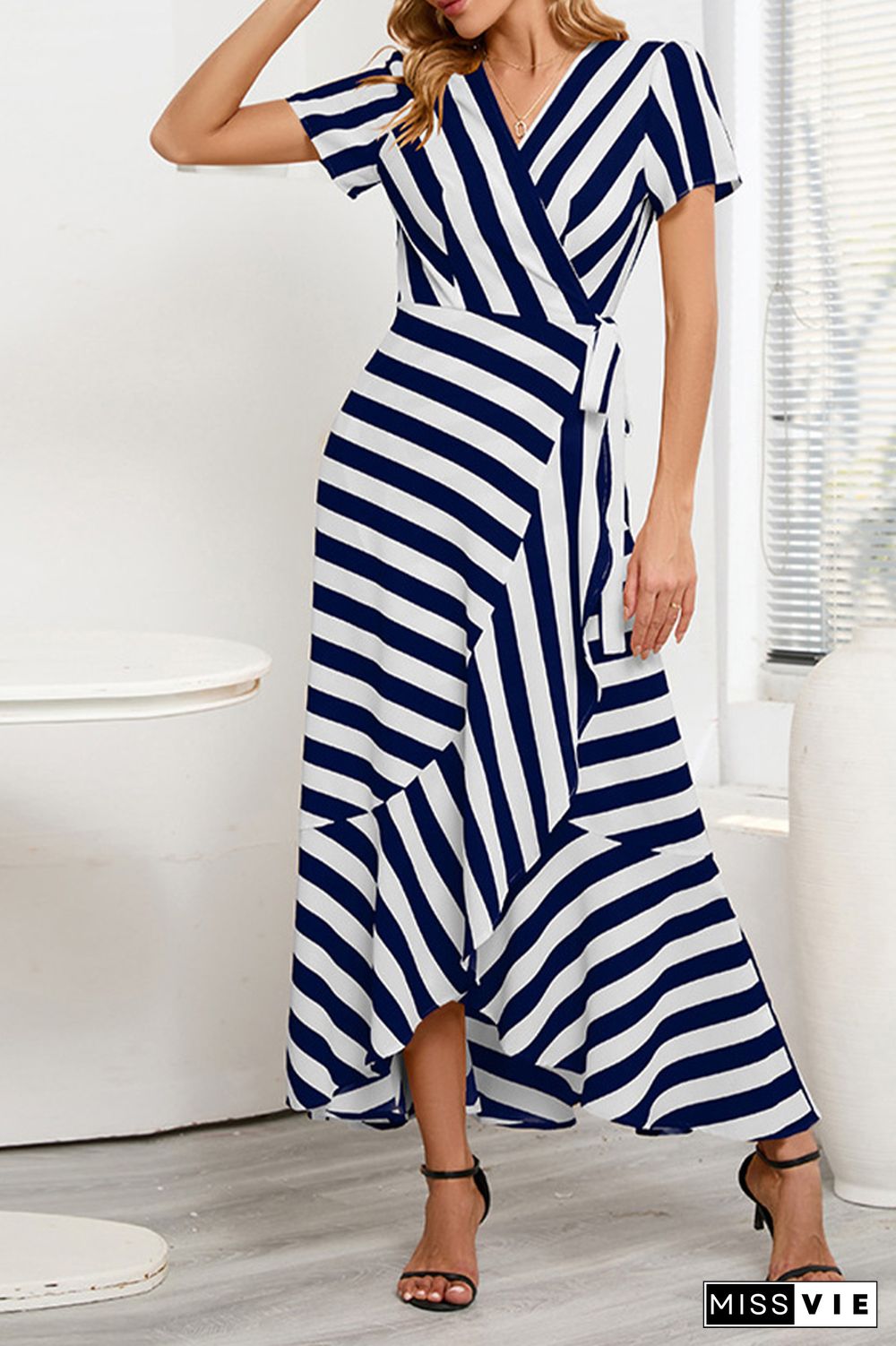 Stripes Splicing Irregular Ruffle Maxi Dress