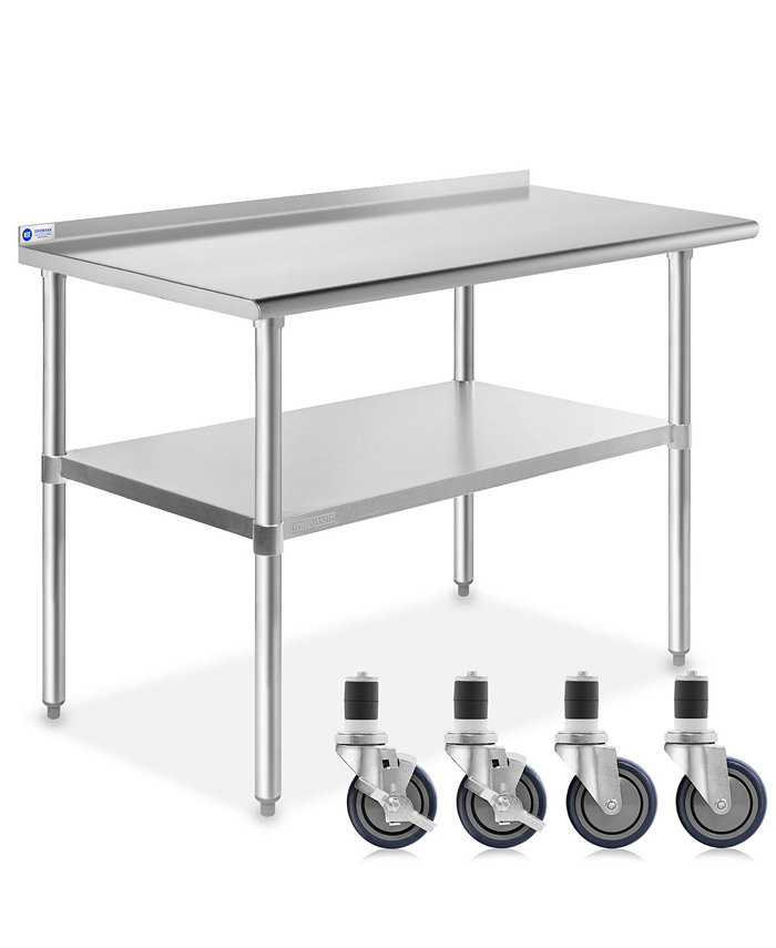 GRIDMANN 48 x 24 Inch Stainless Steel Table w  Backsplash and 4 Casters NSF Commercial Kitchen Work and Prep Table