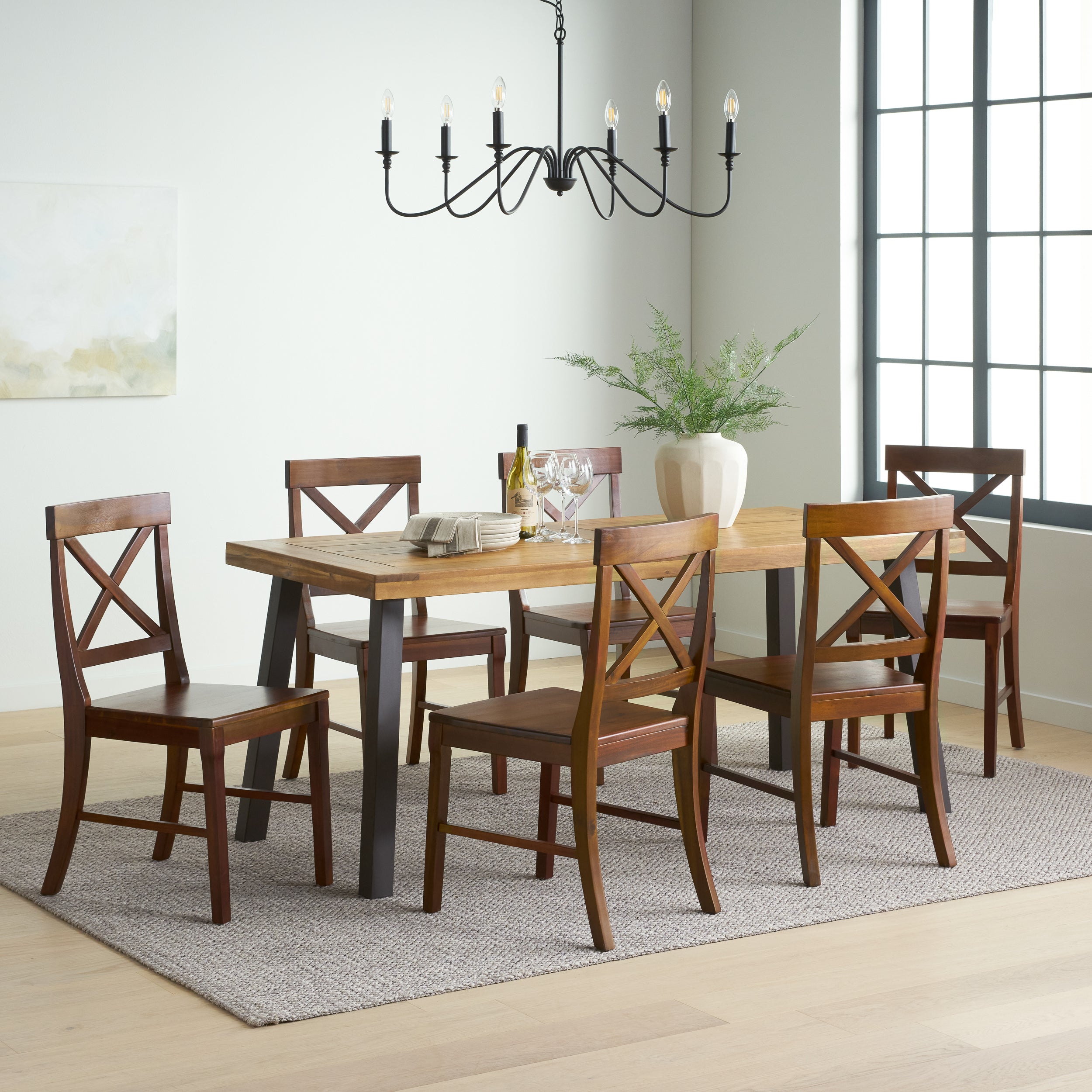 Rumbrook Farmhouse Acacia Wood and Iron 7 Piece Dining Set, Natural, Rustic Metal, and Rich Mahogany