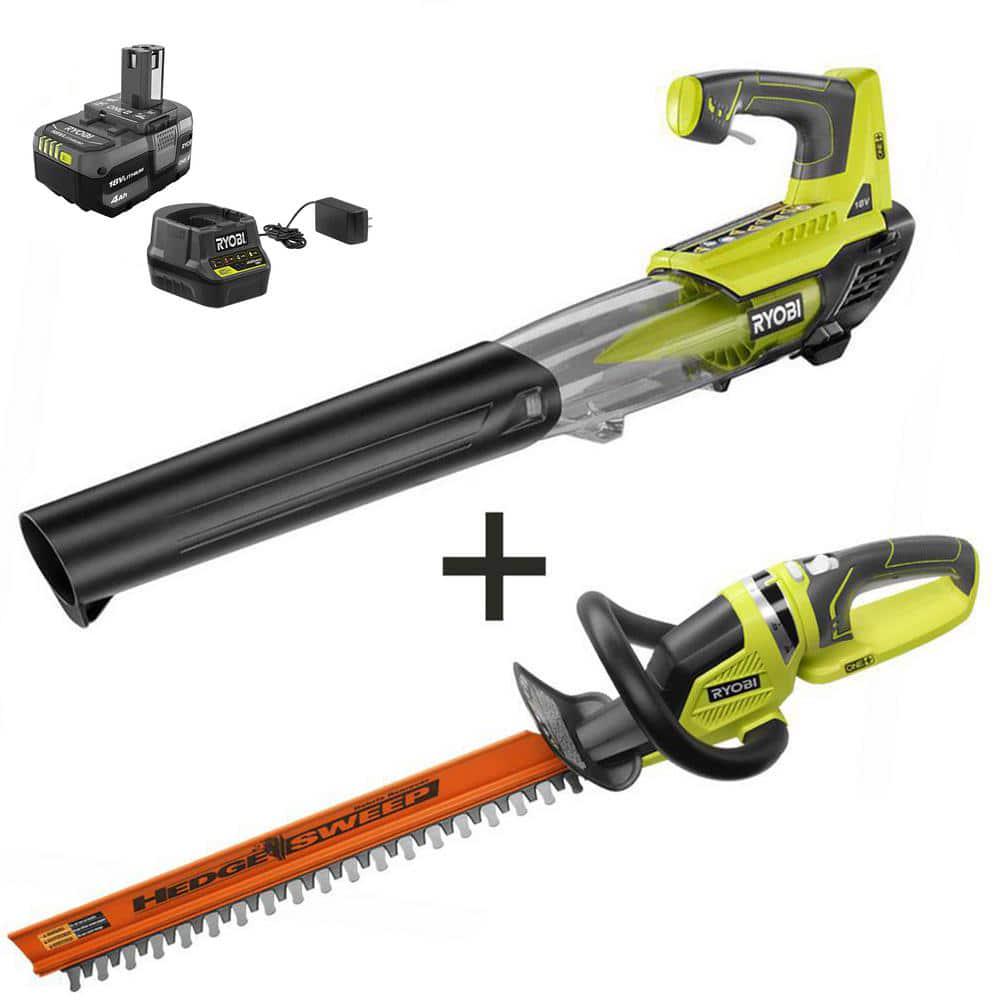 RYOBI ONE 18V 100 MPH 280 CFM Cordless Battery Jet Fan Leaf Blower and Hedge Trimmer with 40 Ah Battery and Charger