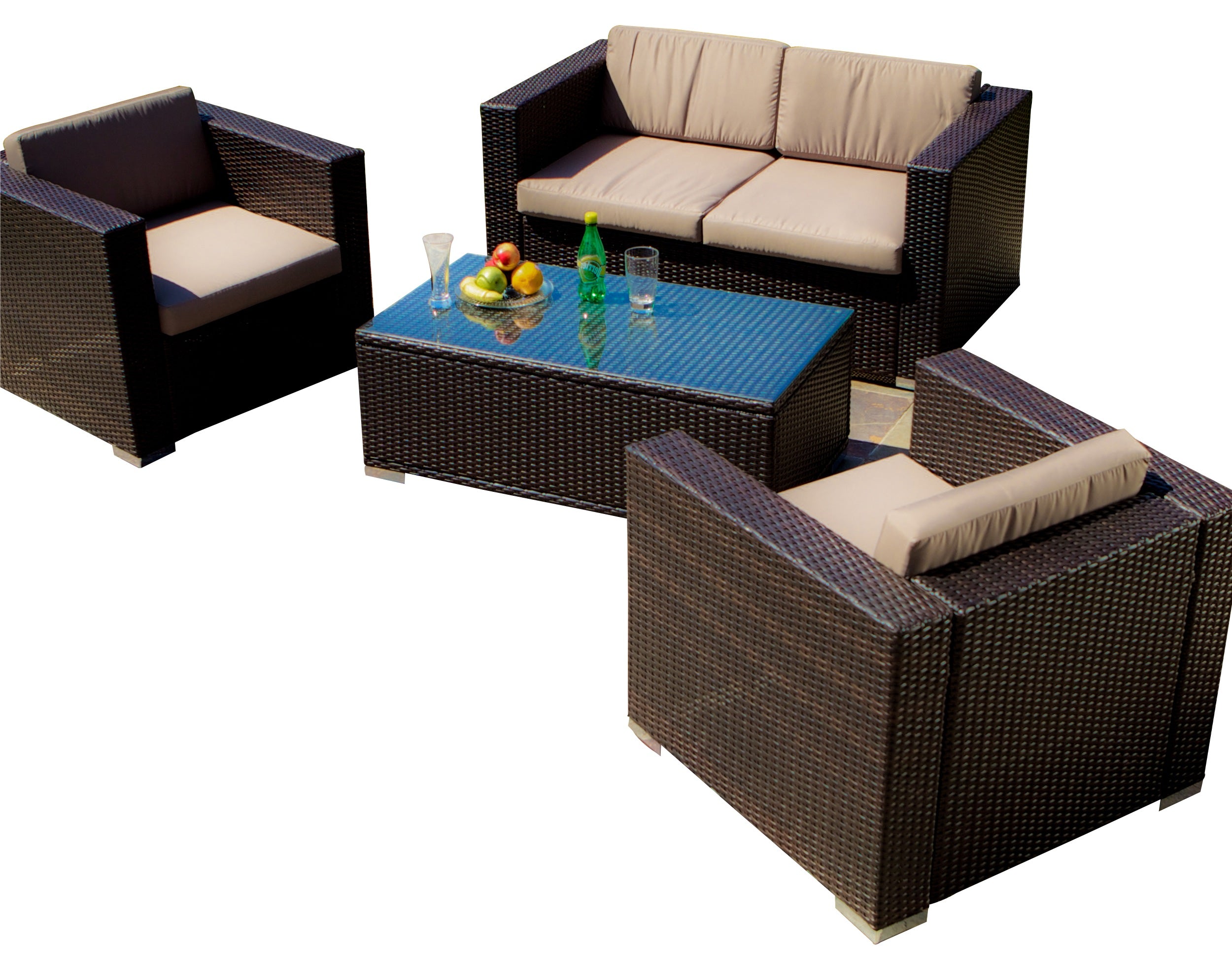 Montague Outdoor 4-Piece Brown Wicker Sofa Set with Storage Ottoman Table