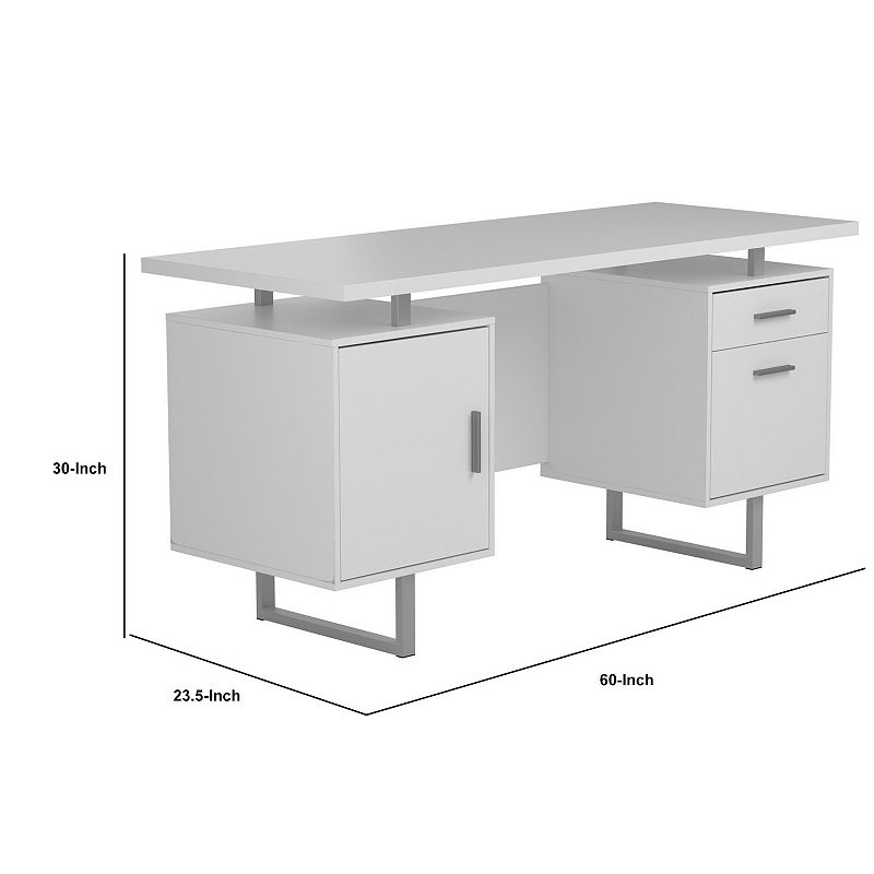 Wooden Office Desk with Floating Top and File Cabinet， White