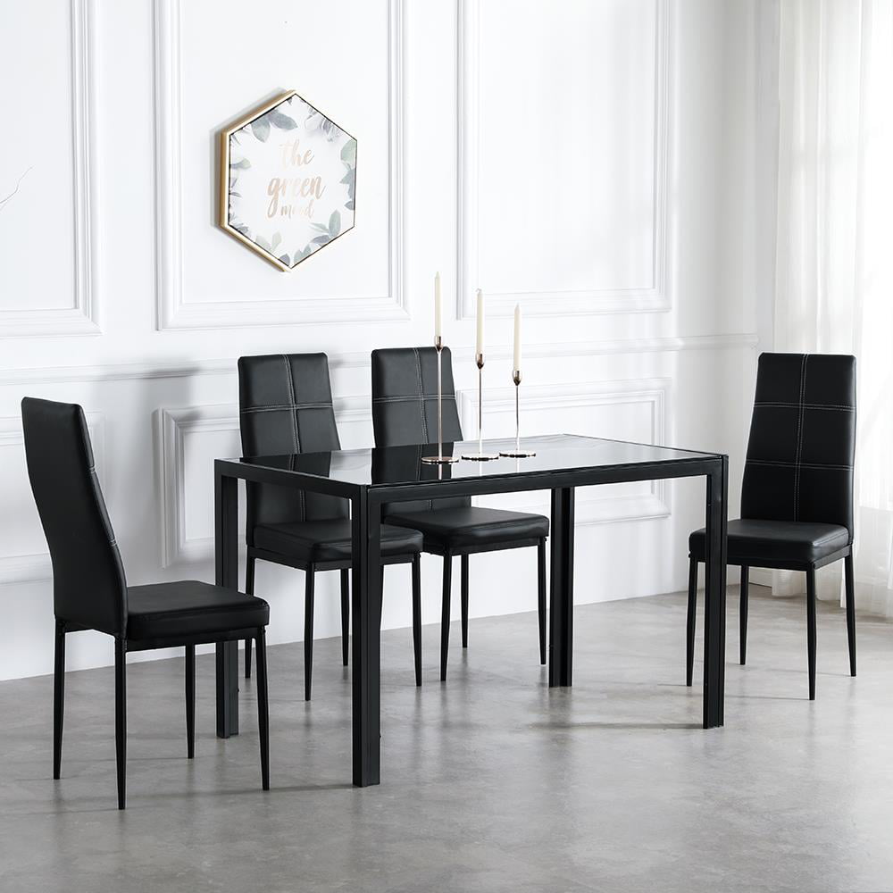 Ktaxon 5 Pieces Dining Room Set Tempered Glass Dining Table with 4 Chairs Dining Room Kitchen Furniture Black