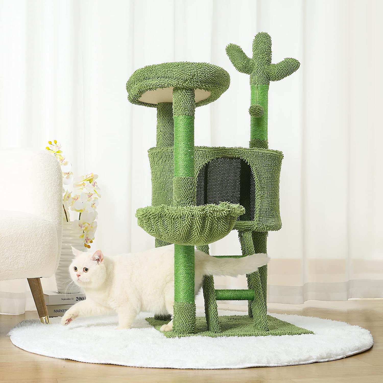 | Cat Tree Tower 43” for Indoor Cats | Cat Condo with Hammock and Cactus Scratching Posts Tree for Kittens | Tall Cat Climbing Stand with Cute Hanging Ball & Toys for Play House