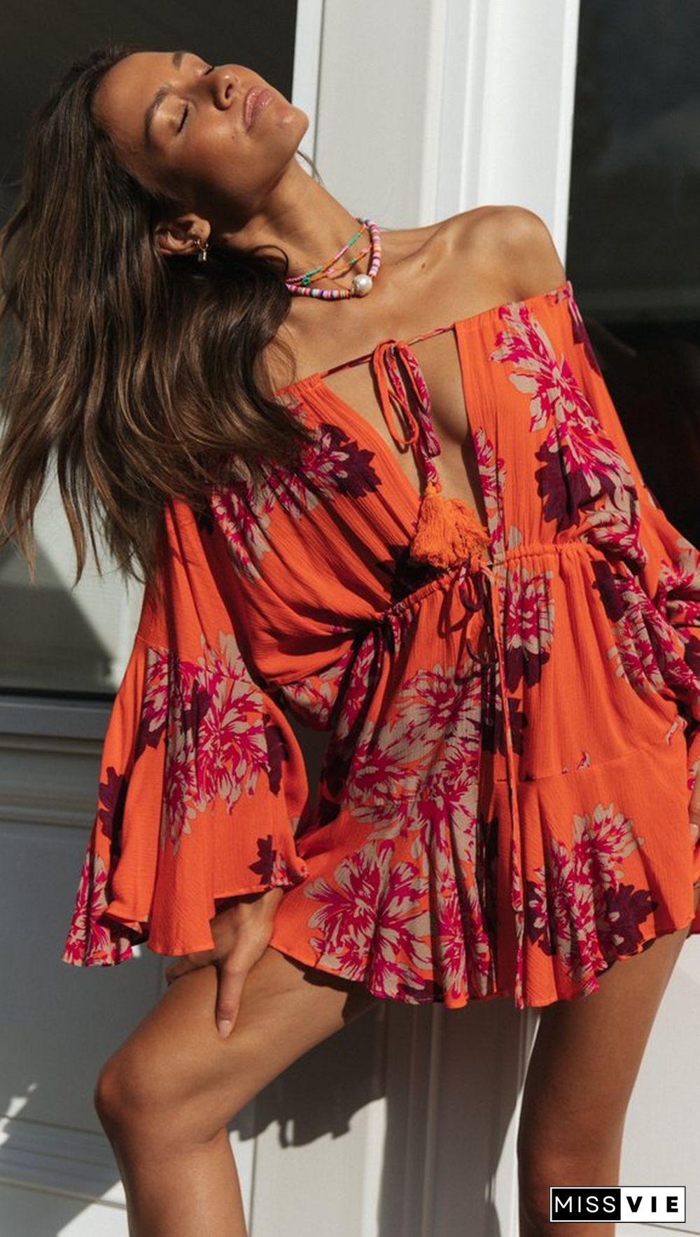 Carrot Floral Off Shoulder Withdraw Rompers