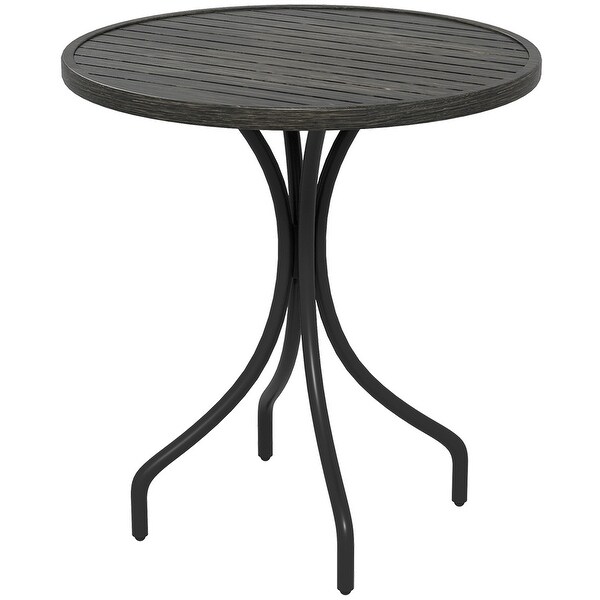 Outdoor Side Table，Patio Round Coffee Table with Steel Frame and Slat Tabletop