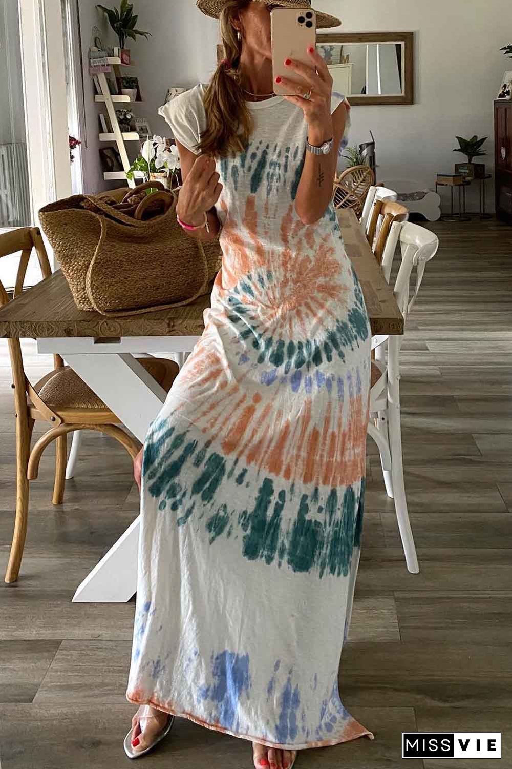 White Cap Sleeve Tie Dye Long Slit Dress