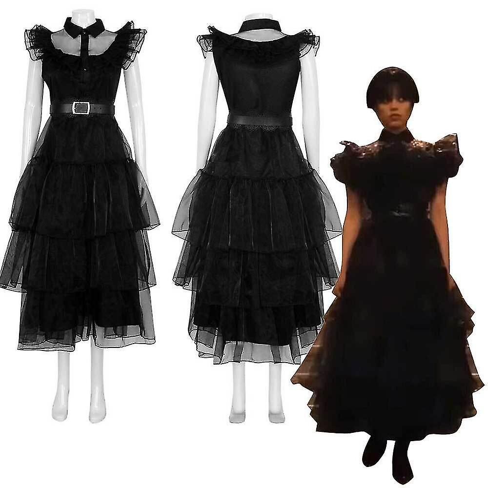 Wednesday Addams Family Costume Girls Adams Fancy Dress Wig Party Outfit Suit Uk