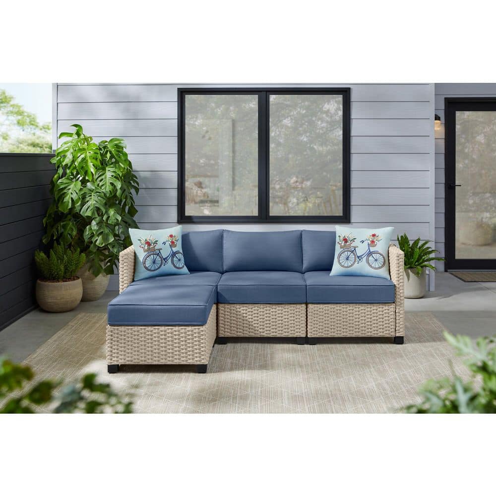 StyleWell Sandpiper Beige Stationary 4-Piece Wicker Patio Sectional Seating Set with Lake Blue Cushions DE22869707172