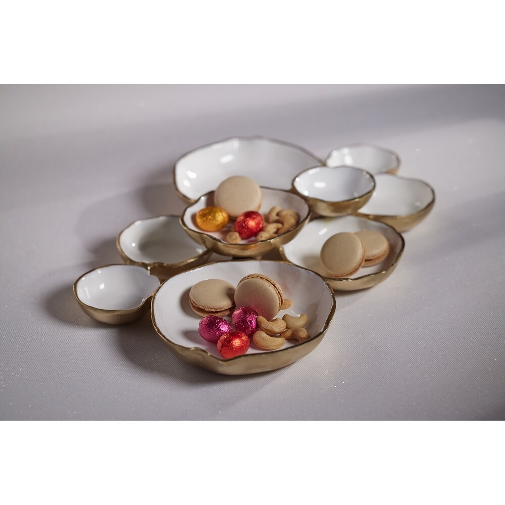 Cluster of Nine Round Serving Bowls with White Enamel Interior