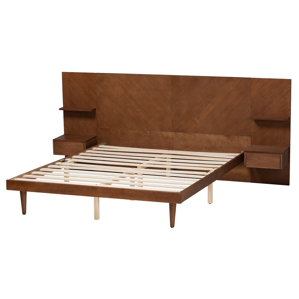 Graham Mid Century Modern Transitional Ash Walnut Finished Wood Queen Size Platform Storage Bed with Built In Nightstands