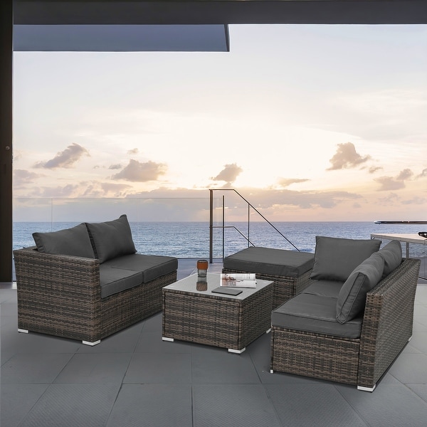 4Piece Patio Conversation Wicker Furniture Set，Sectional Sofa Set with Tempered Glass Coffee Table，Sofa Chair and Ottoman Sets