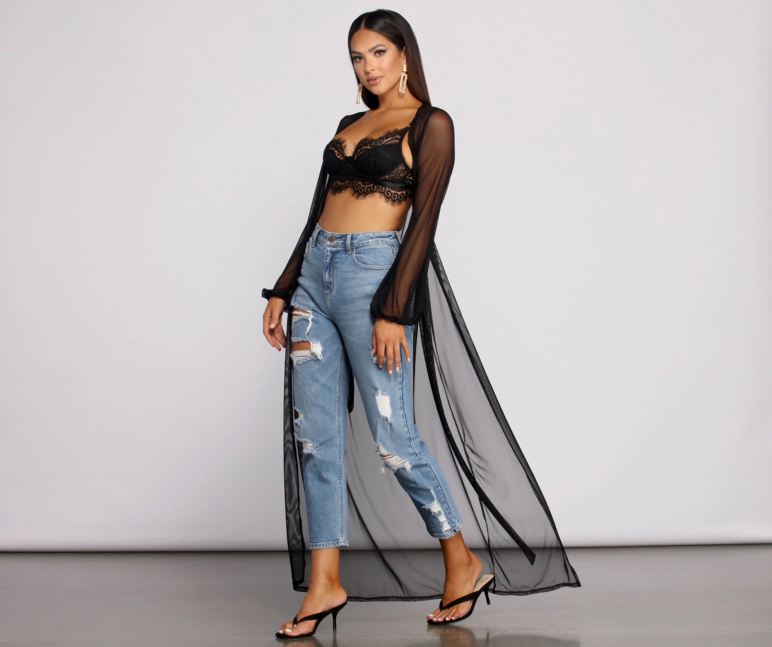 Mesh Tie Waist Long Duster