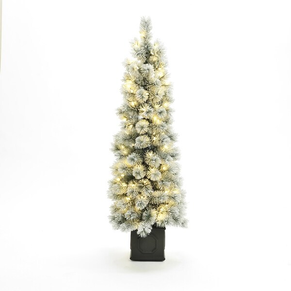 4.5Ft PreLit SnowFlocked Artificial Tree Potted Pine Needles Christmas Tree