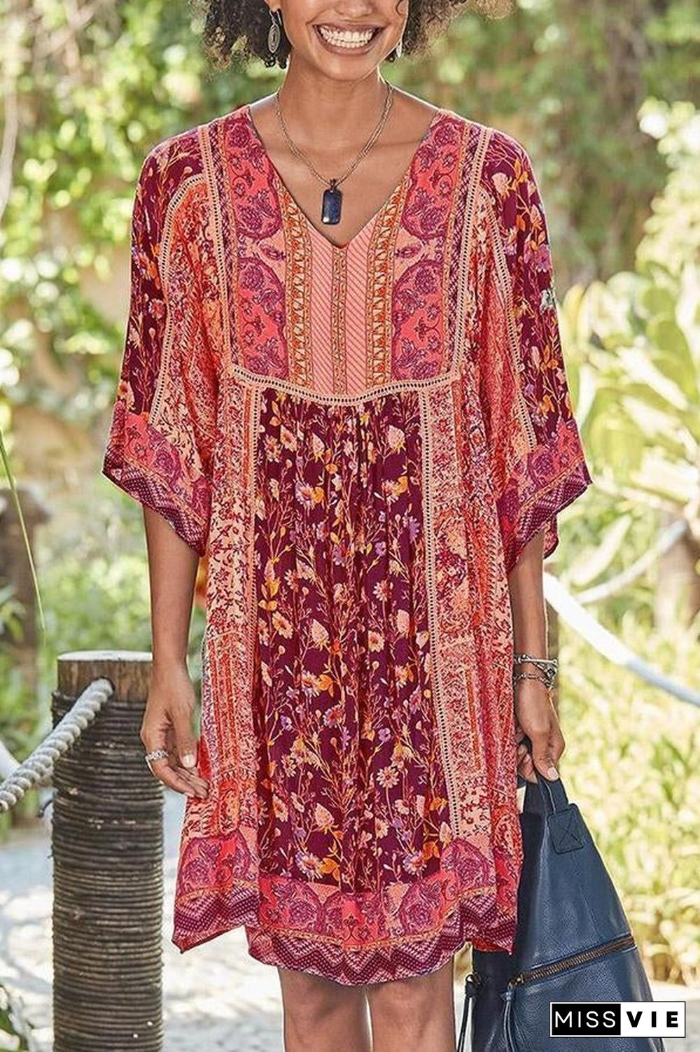 Bohemian Floral Print V-neck Half Sleeves Holiday Midi Dress