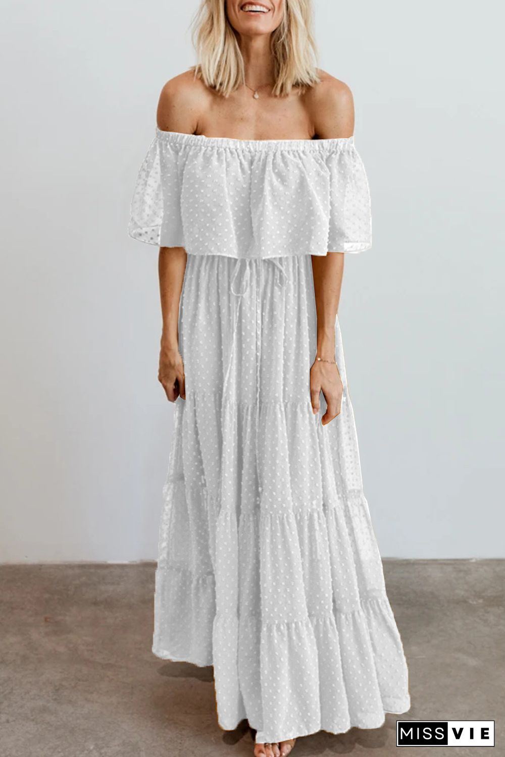 White Off Shoulder Ruffle Swiss Dot Maxi Dress