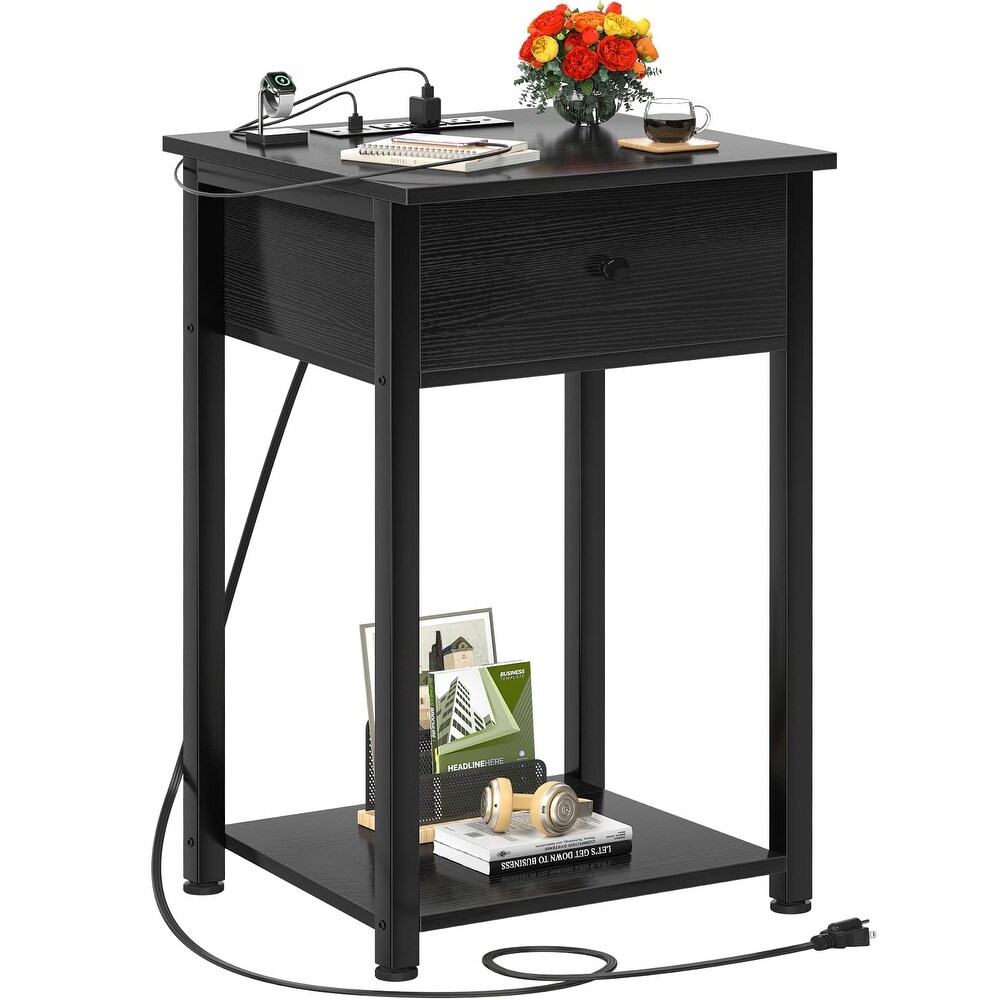 Nightstand with Charging Station  Black End Table Side Table with USB Ports  Wood Night Stand  Black Bedside Table