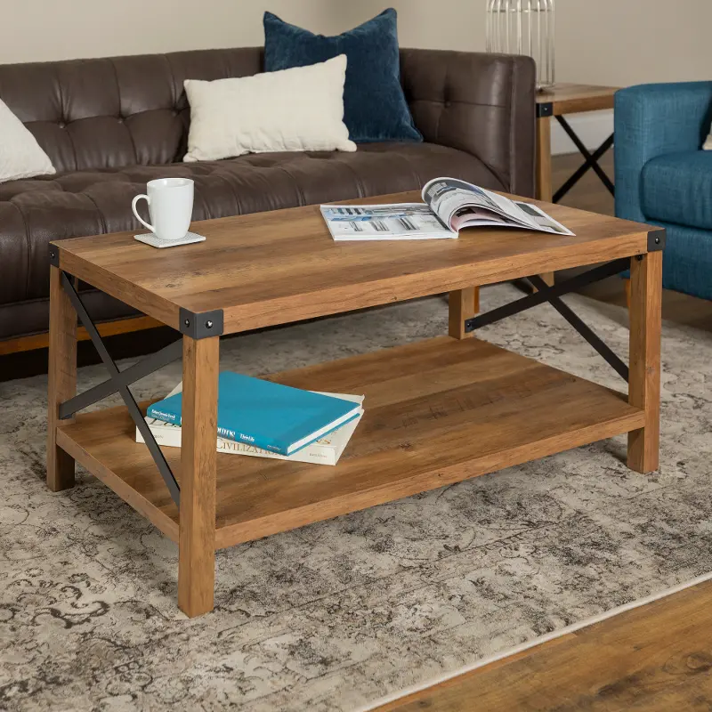 Metal X Rustic Oak Wood Coffee Table - Walker Edison