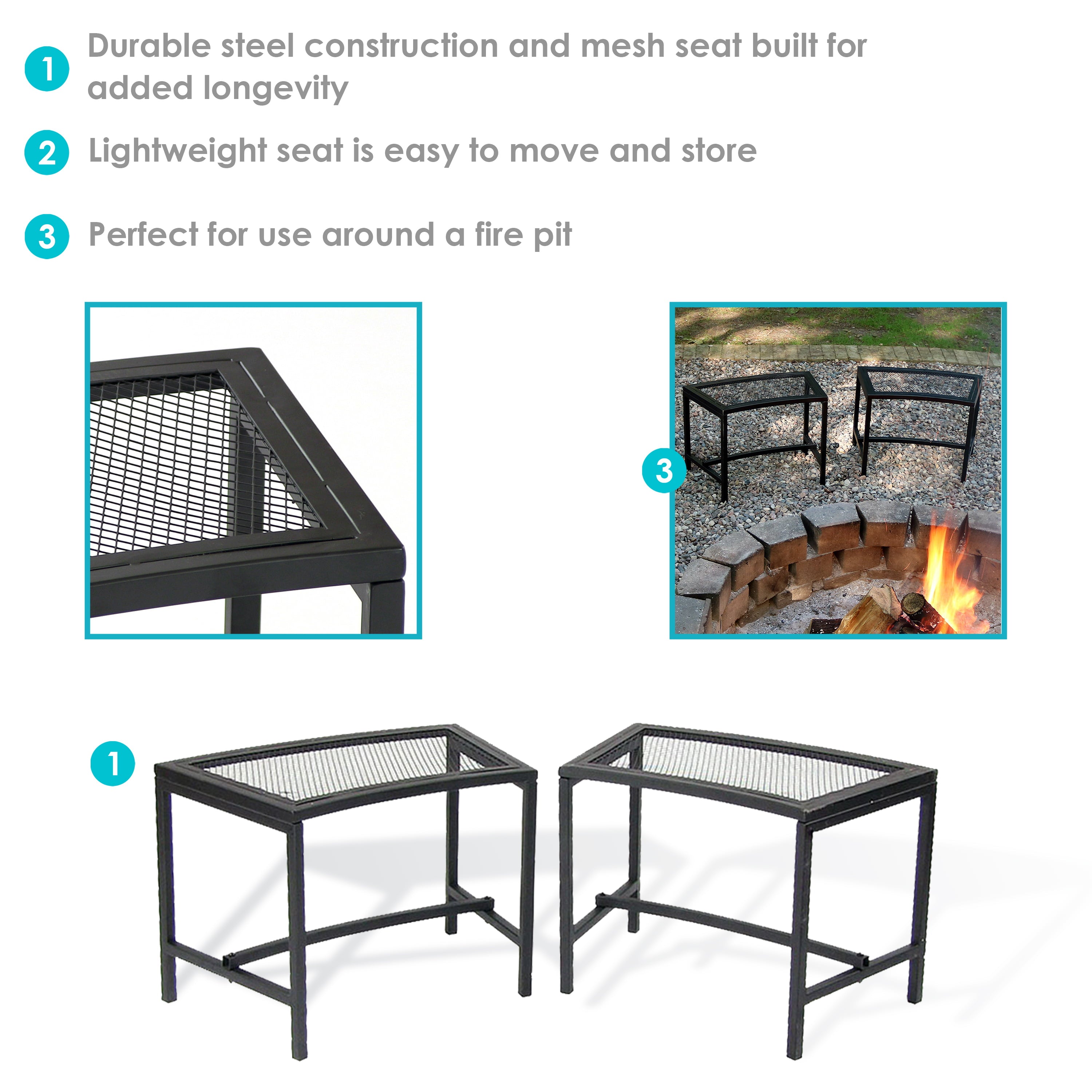 Sunnydaze Outdoor Lightweight and Portable Metal Patio Side End Table or Backless Bench Seat with Mesh Top - 23" - 2pk