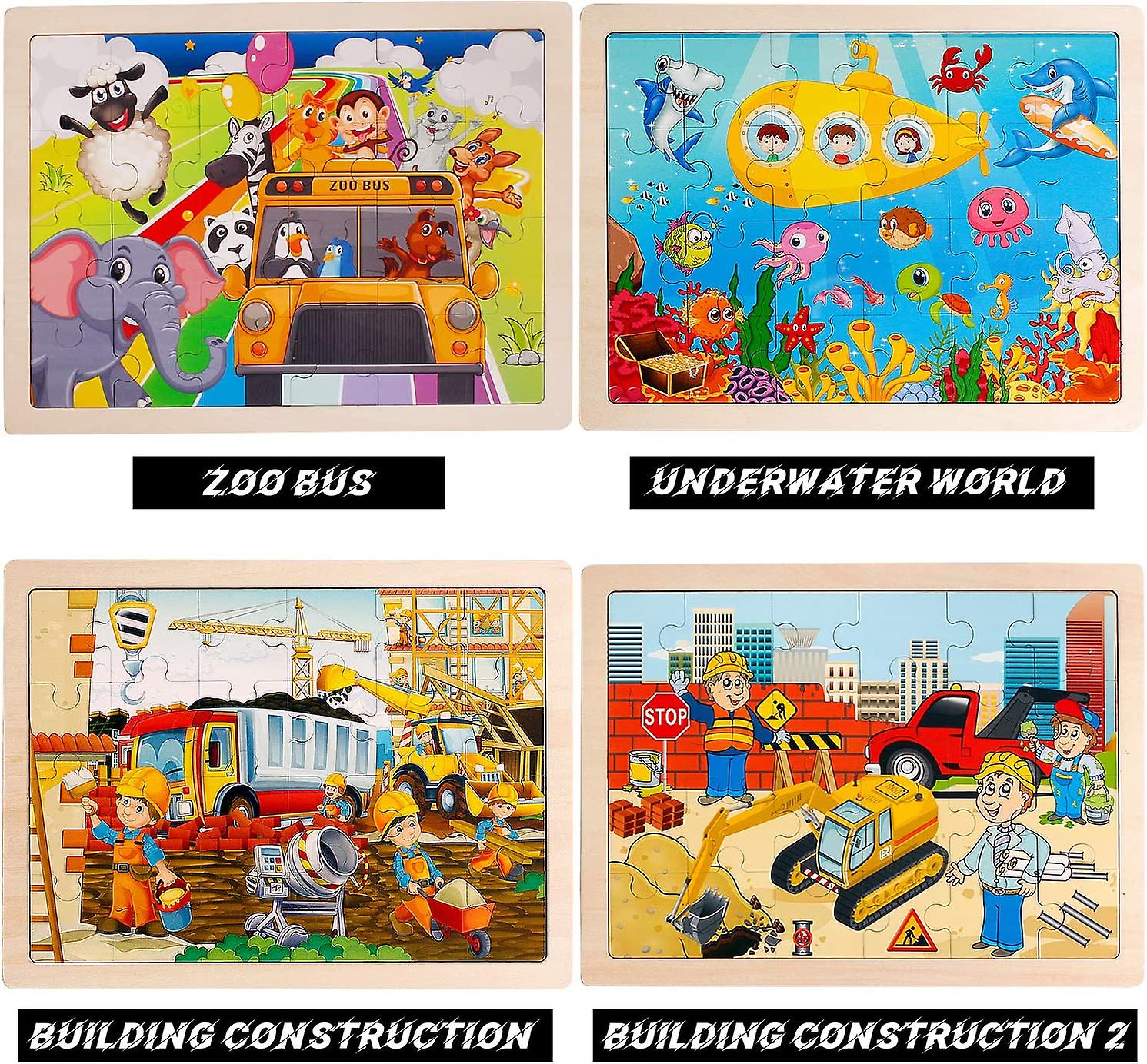 4 Packs 24 Pcs Jigsaw Puzzles For Kids Preschool Educational Brain Teaser Boards Toys Animal Zoo Bus Marine World Construction Sites Children Enlighte