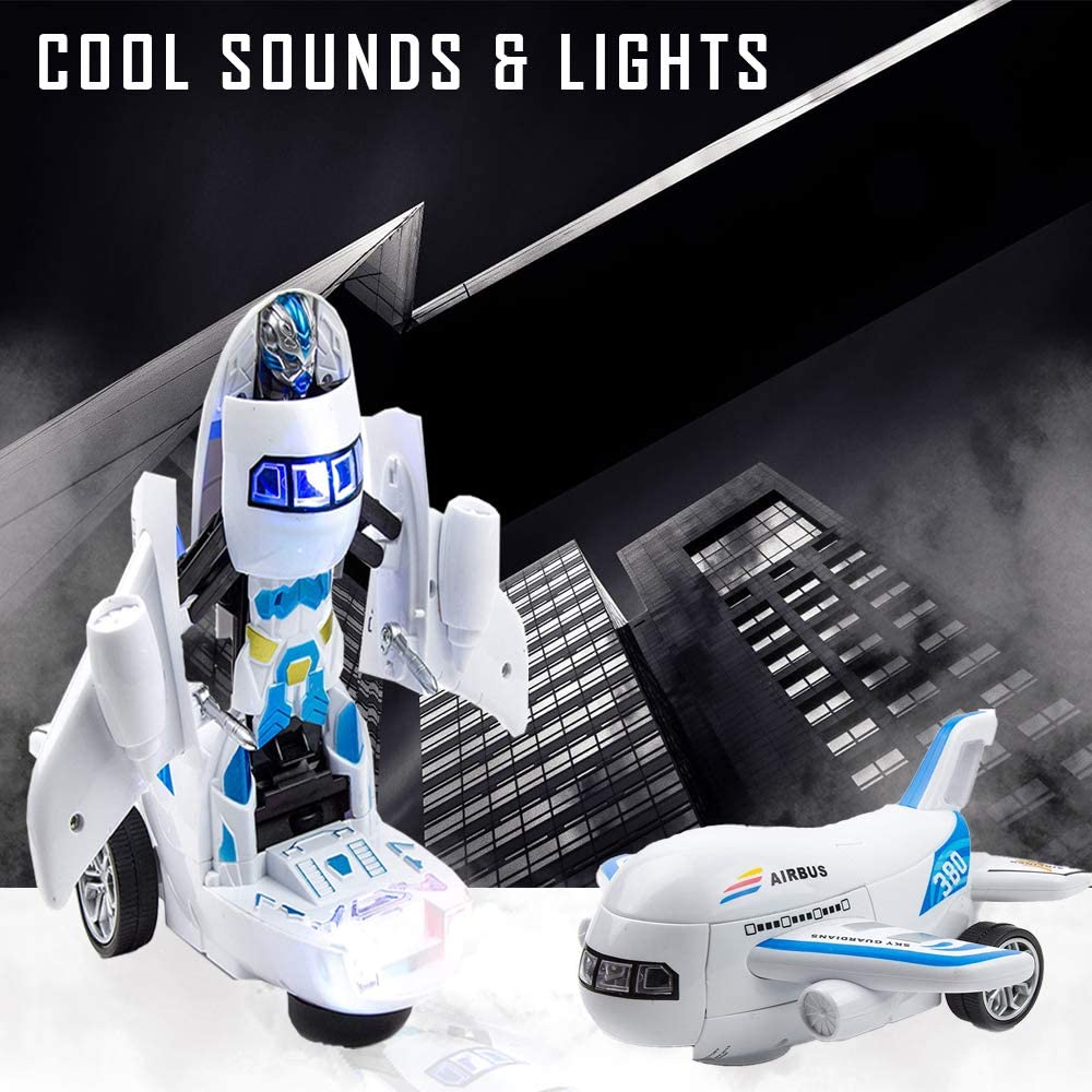 Toysery Deformation Airplane Toy Robot， Battery Operated Transformers Robot Toy with LED Light and Realistic Sounds， Bump and Go Action Airplane for Boys， Girls， Kids