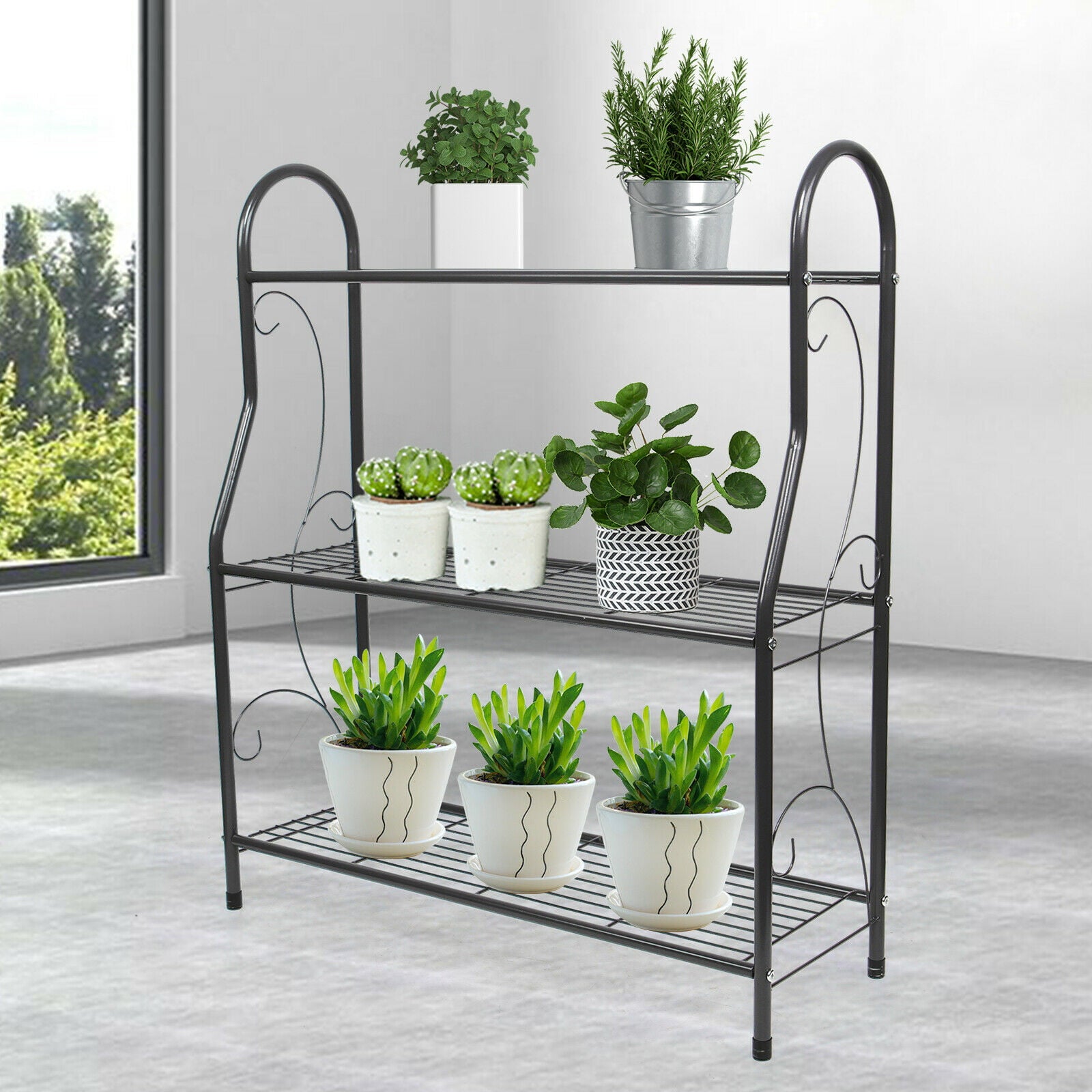 Oukaning 3 Tier Multifunctional Home Storage Organizer Shelf Metal Shelves Flower Pot Display Storage Rack (Black)