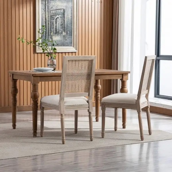 Cream French Style Wood Frame Linen Fabric Dining Chair (Set of 2)