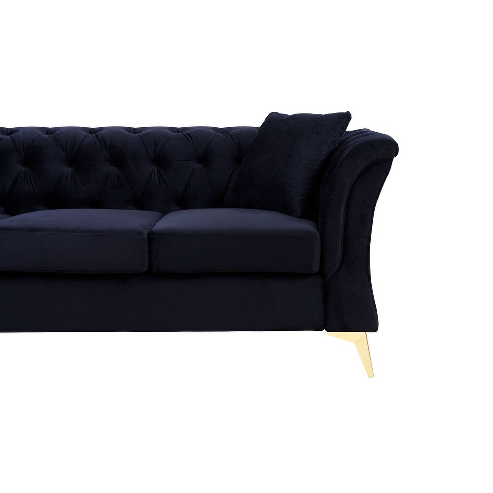 Black Modern 3 Seater Button Tufted Sofa with Soft Tufted Velvet Upholstery  Scroll Arms  and Gold Metal Legs for Living Room