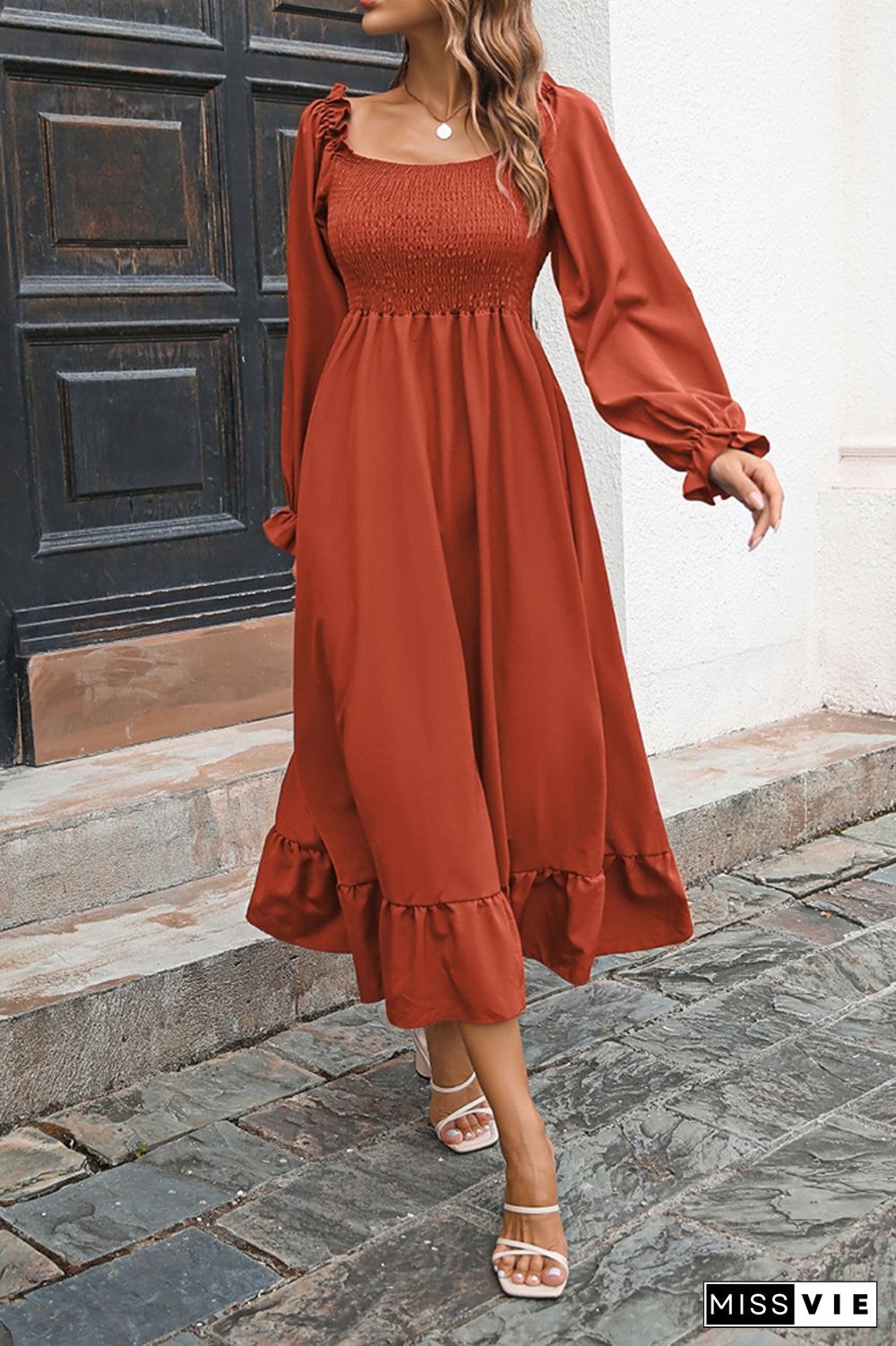 Smocked Square Neck Ruffles Maxi Dress