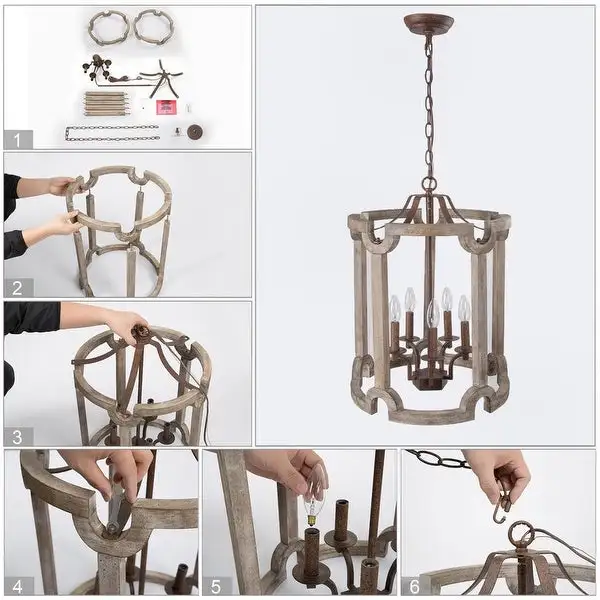 Farmhouse Rustic 5-Light Distressed Birch Lantern Chandelier with Rusted Iron Fixture - 16.5