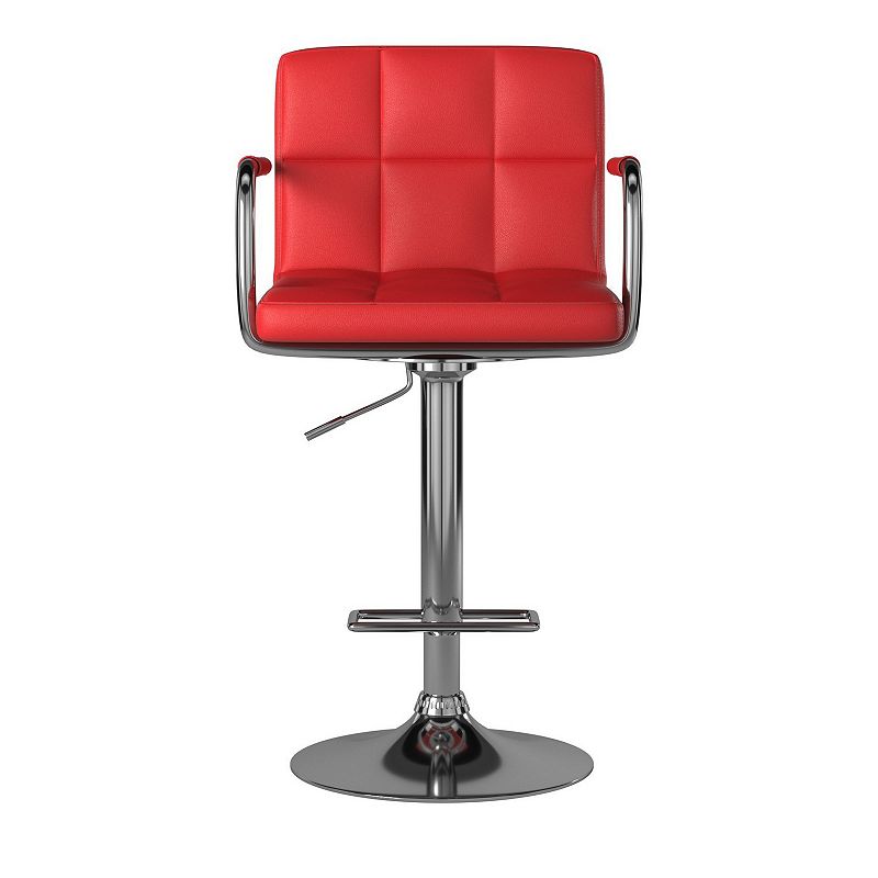 Leatherette Swivel Barstool with Square Stitched Details， Red and Silver