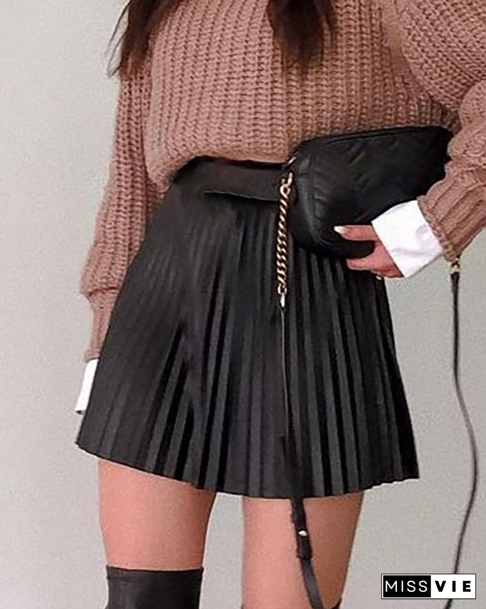 Plain High Waist Pleated Skirt P13974