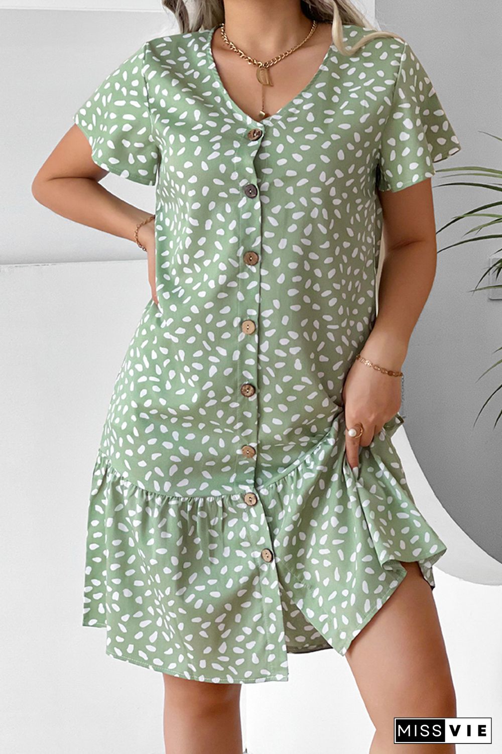 Spot Print Button Down Ruffle Hem Mini Dress