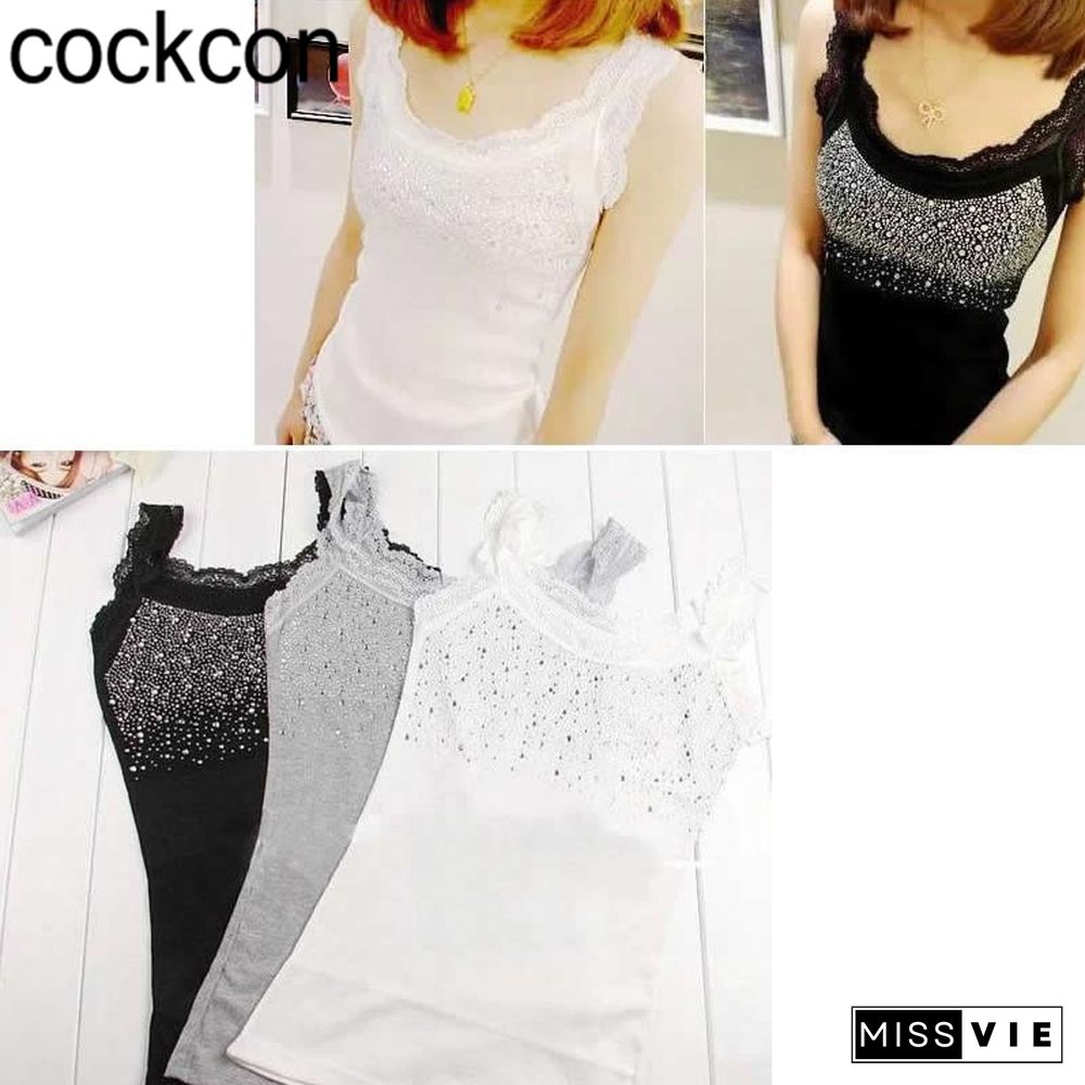 Rhinestone Sequin Lace Tank Tops Camisole For Women Slim Starry Sling Camisole Trendy Fashion Summer Lace Vest