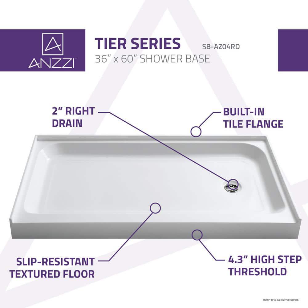 ANZZI Tier 36 in x 60 in Single Threshold Shower Base in White