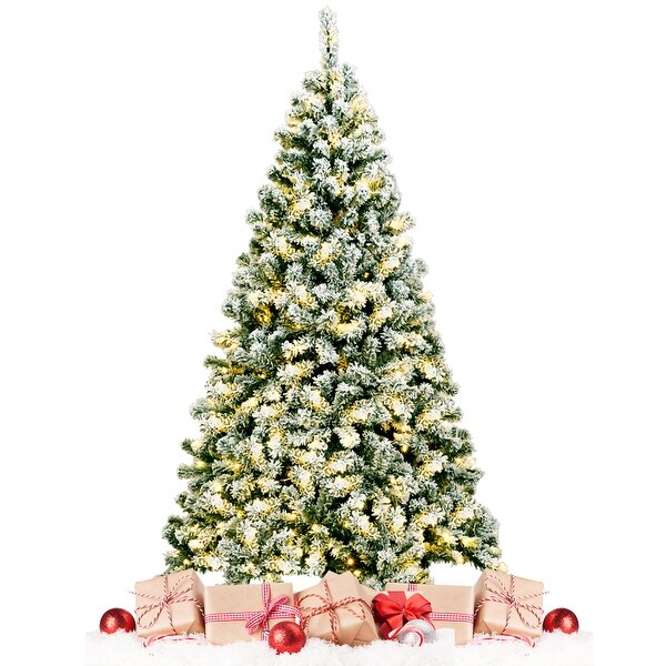 Gymax 6ft Prelit Snow Flocked Christmas Tree Hinged Pine Tree Holiday