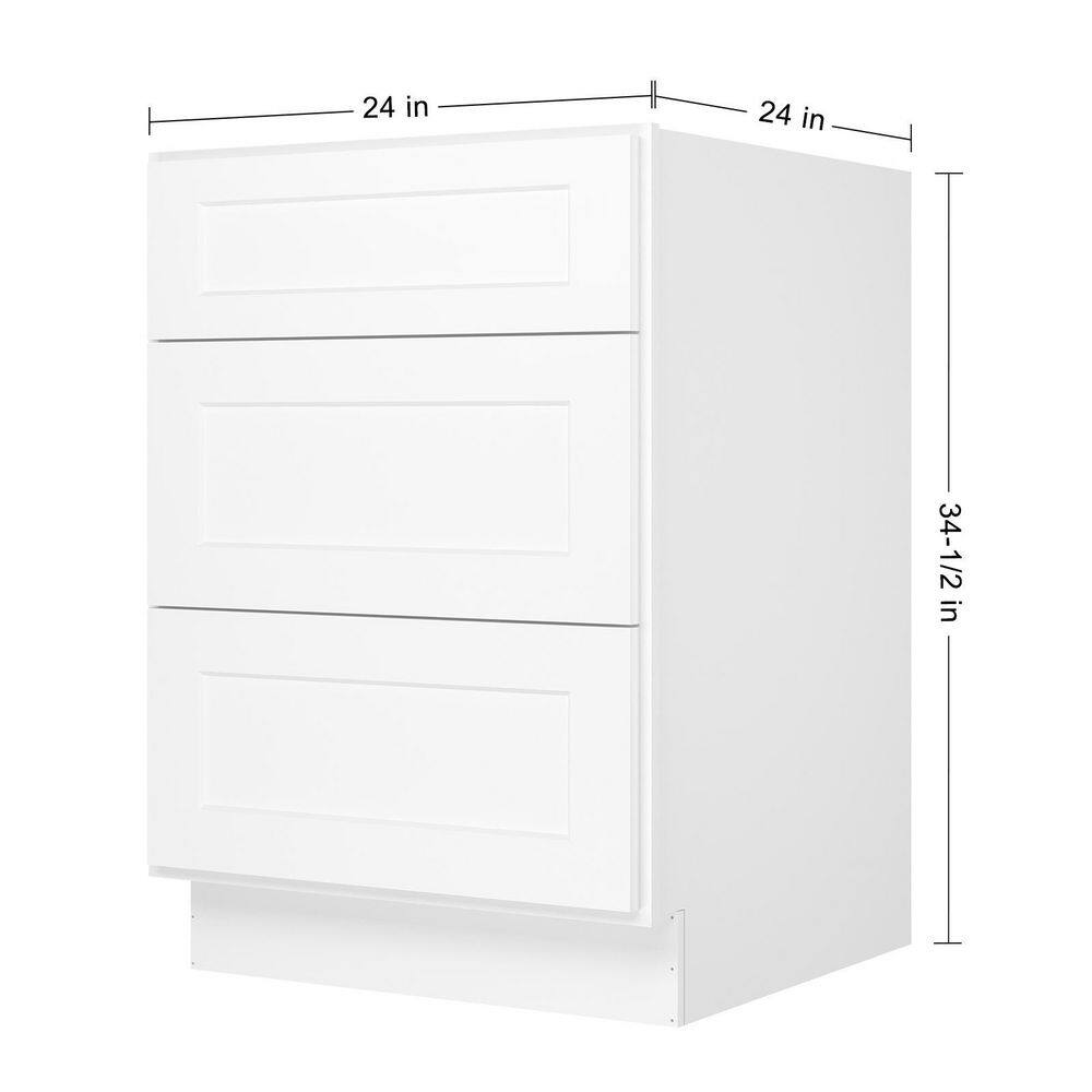 HOMEIBRO 24 in. W x 24 in. D x 34.5 in. H in Shaker White Plywood Ready to Assemble Floor Base Kitchen Cabinet with 3 Drawers HD-SW-3DB24-A