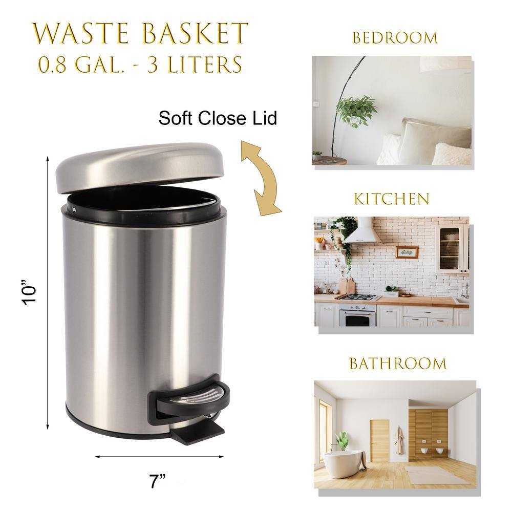 3 l 0.8 Gal. Soft Close Small Round Metal Bath Floor Step Trash Can Waste Bin in Steel 6543102