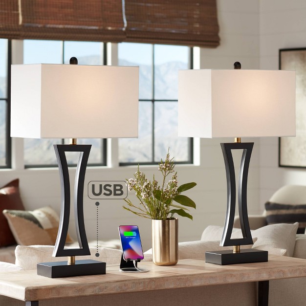 Tall Set Of 2 Black Metal With Usb Charging Port White Rectangular Shade For Bedroom Living Room Bedside