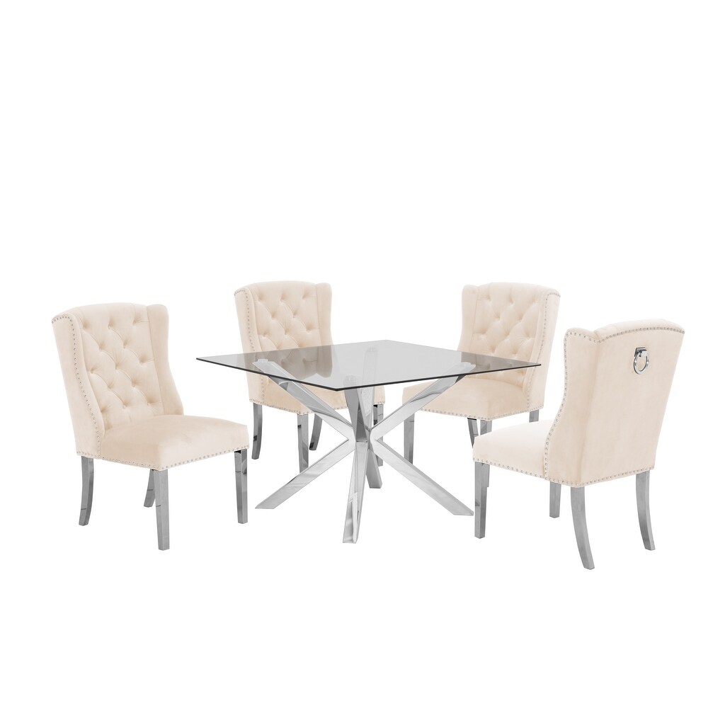 Best Quality Furniture Glass 5 Piece Dining Set Tufted Ring Chairs