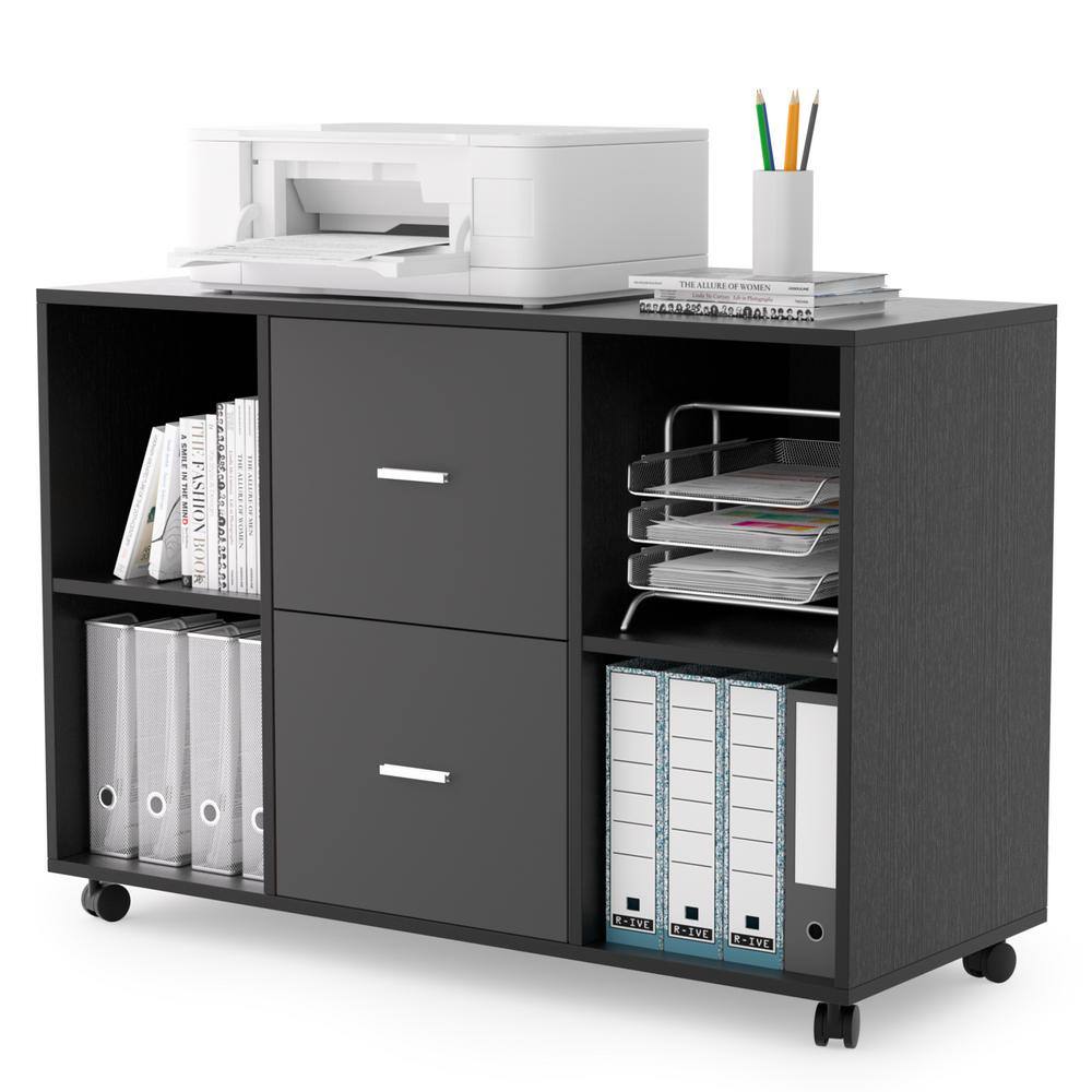 Wateday Black-Dark Gray File Cabinet with 2-Drawers And 4 Open Storage YJ-YUKI9596607