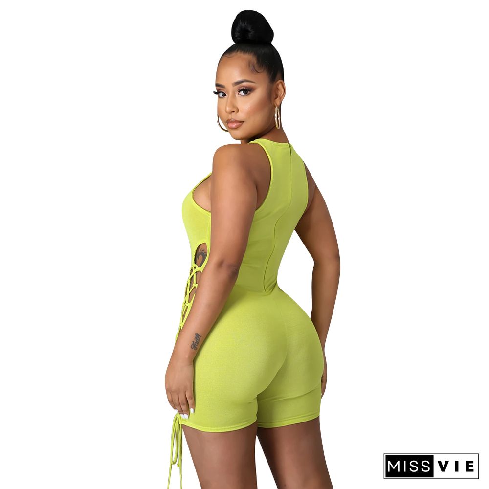 Sleeveless O Neck Hollow Out Bandage Bodycon Romper