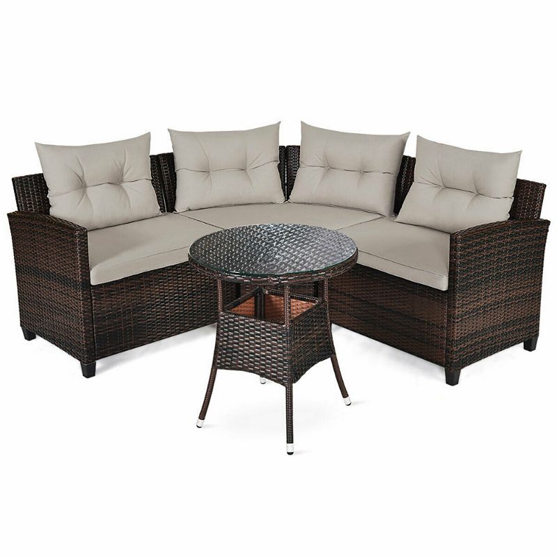 4 Pieces Outdoor Patio Cushioned Rattan Furniture Set